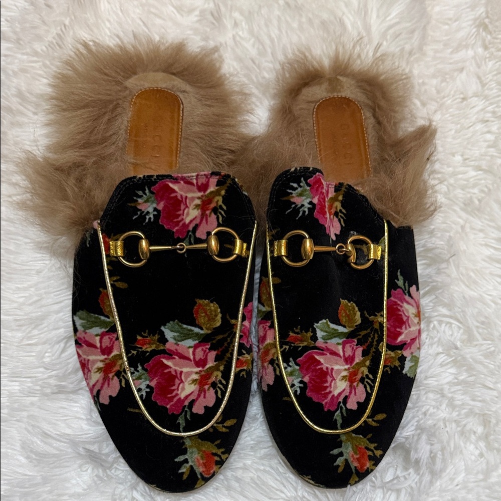 Gucci Princetown Horsebit Slipper Fur Mule Flower Black Velvet